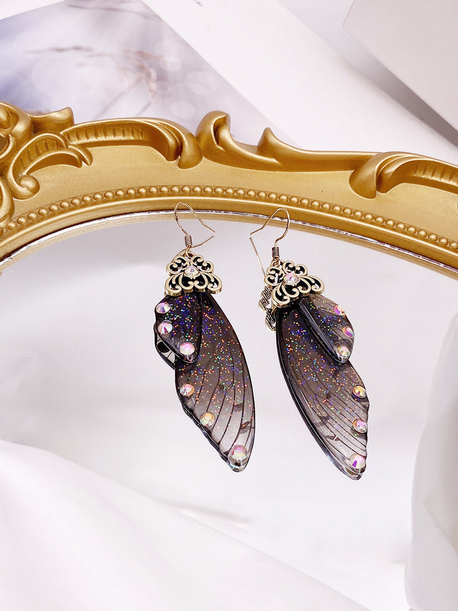 Butterfly Wing Black Rhinestone Cicada Wing Crystal Earrings