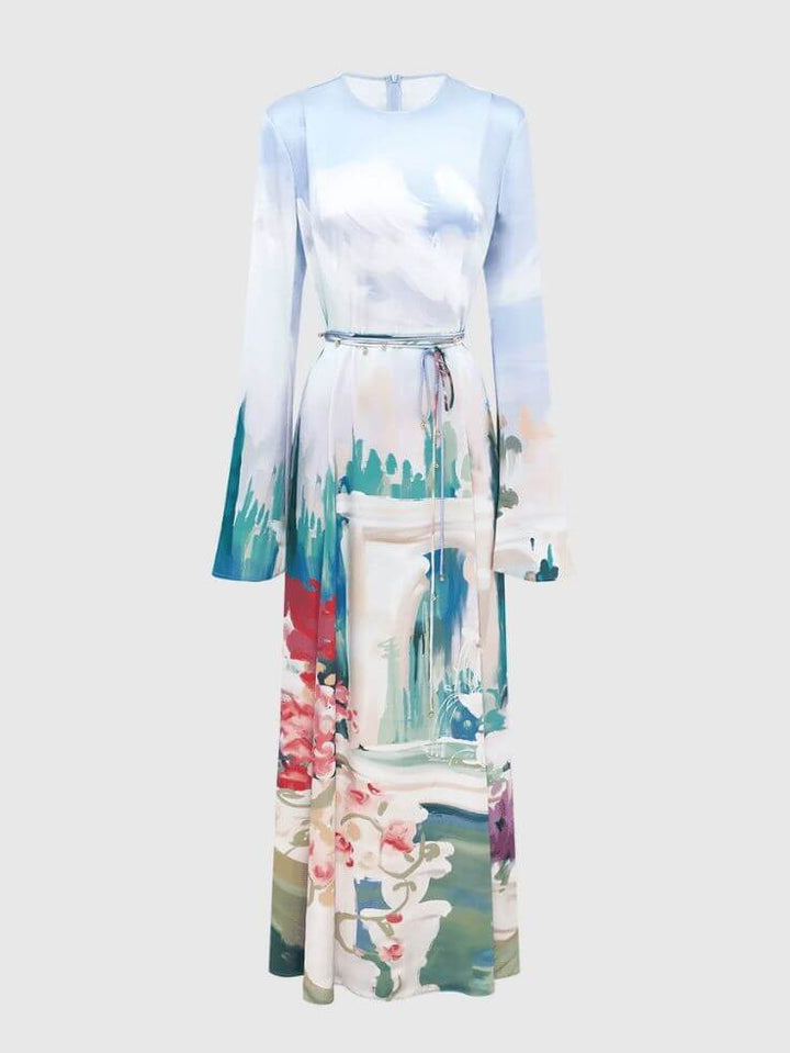 Vestido maxi requintado de cetim com estampa grafite e manga trompete