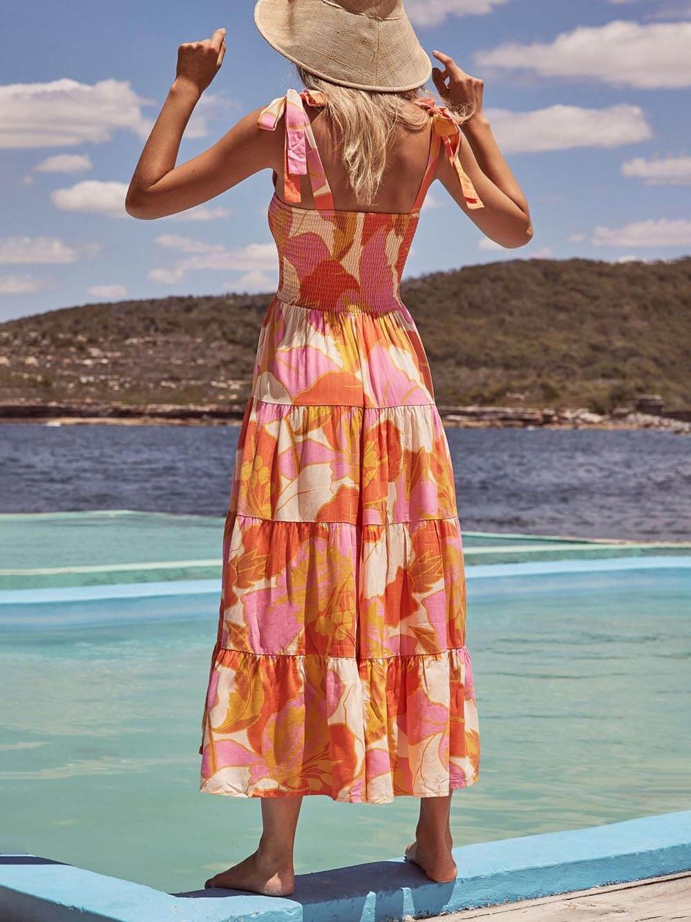 Vestido camisola con estampado de pecho elástico plisado sin mangas Sea Charm