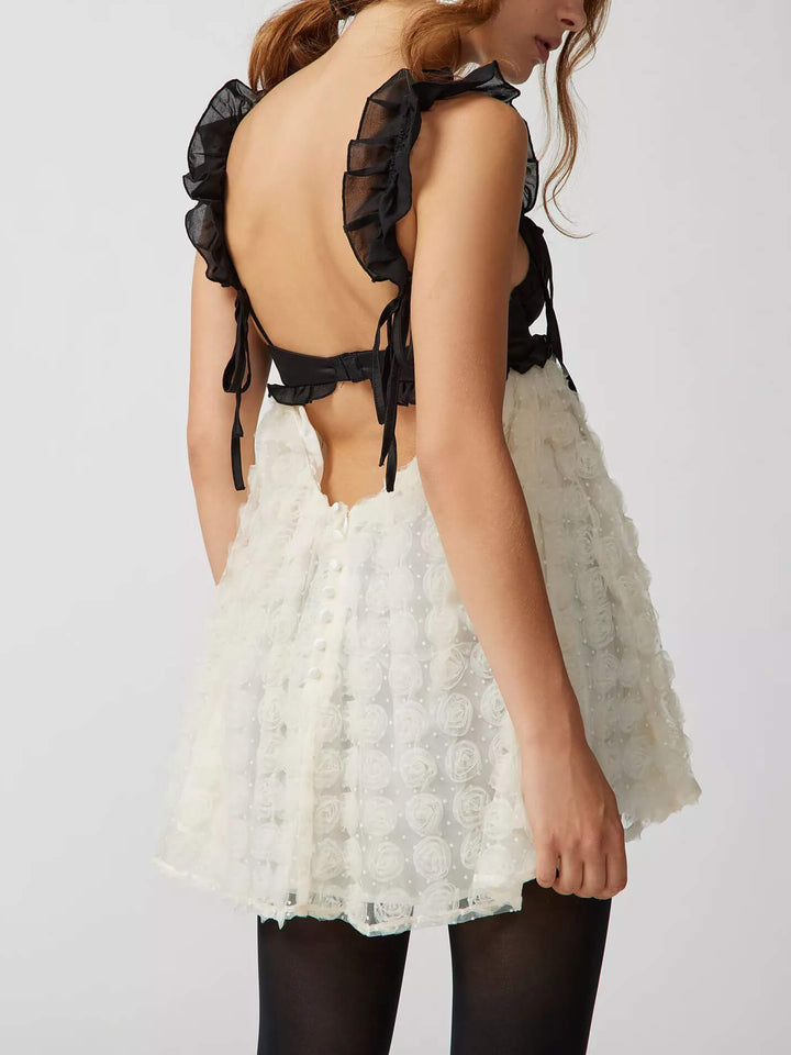 Sexy rugloze patchwork kanten jarretel korte jurk