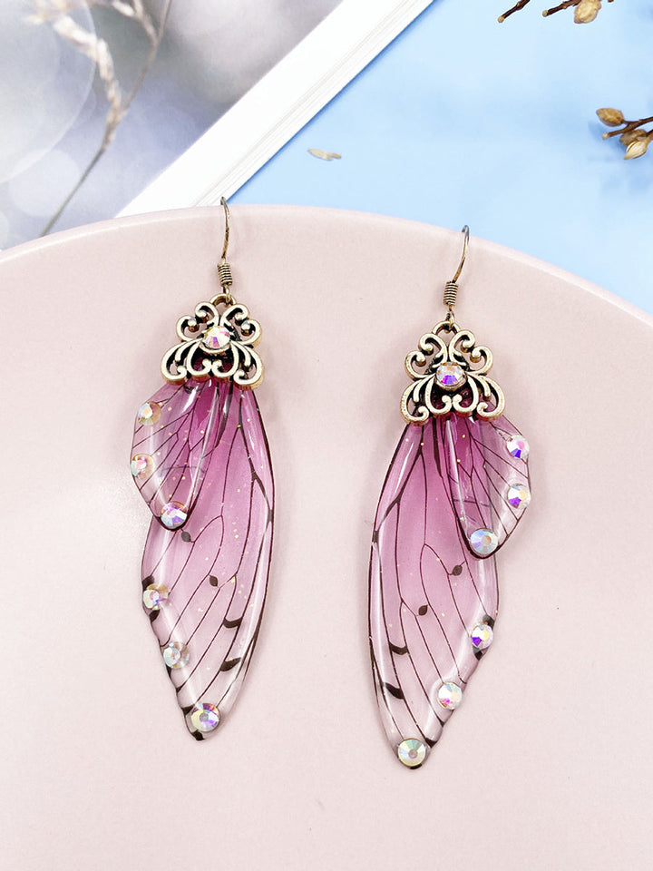 Butterfly Wing Pink Rhinestone Cicada Wing Crystal øreringe