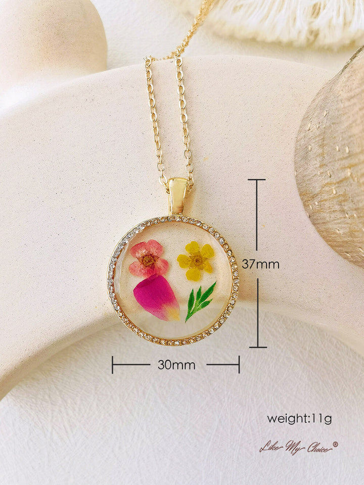 Gemini Forget Me Not Flower Resin runde krystall anheng halskjede