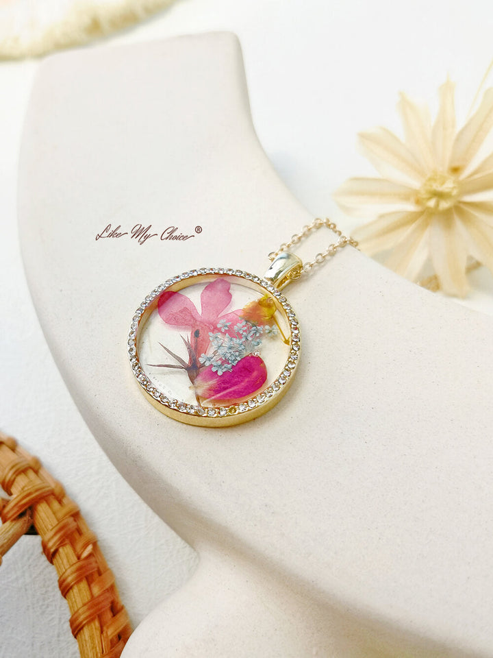 Dancing Orchid Flower Resin Round Crystal Pendant Necklace