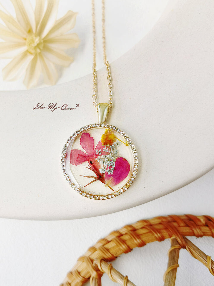 Dansende orchideebloem hars ronde kristallen hanger ketting