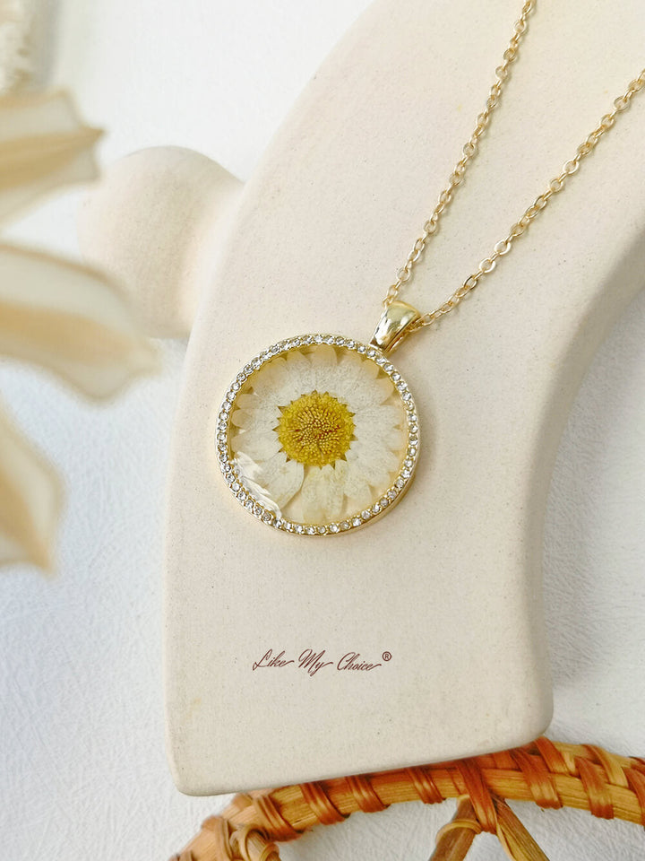 Birth Month Flower Resin Round Crystal Pendant Necklace