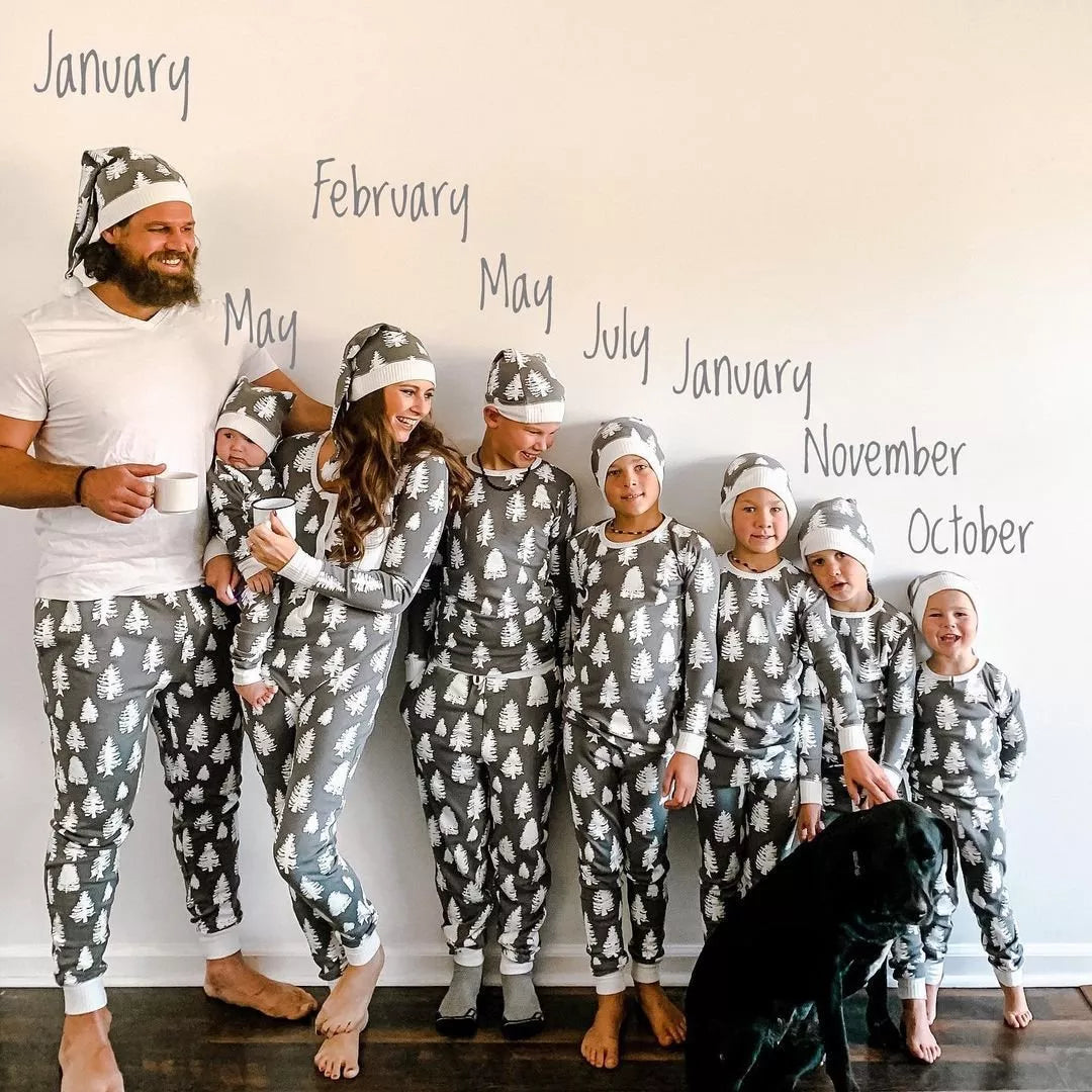 Gray & White Christmas Tree Print Family Matching Pajamas