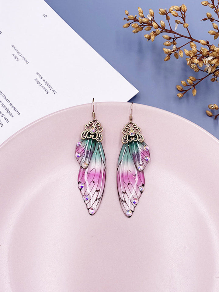 Boucles d'oreilles en cristal d'aile de cigale en strass irisé, aile de papillon