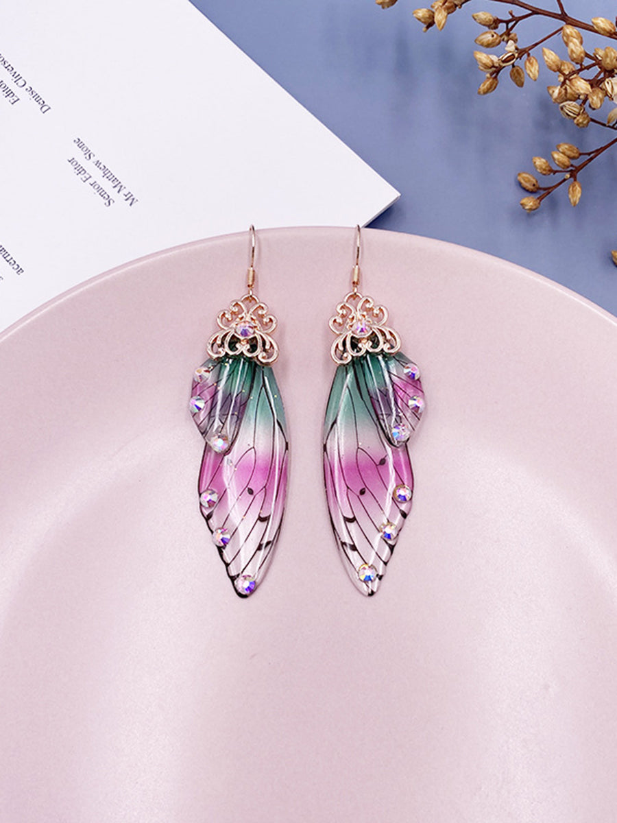 Boucles d'oreilles en cristal d'aile de cigale en strass irisé, aile de papillon