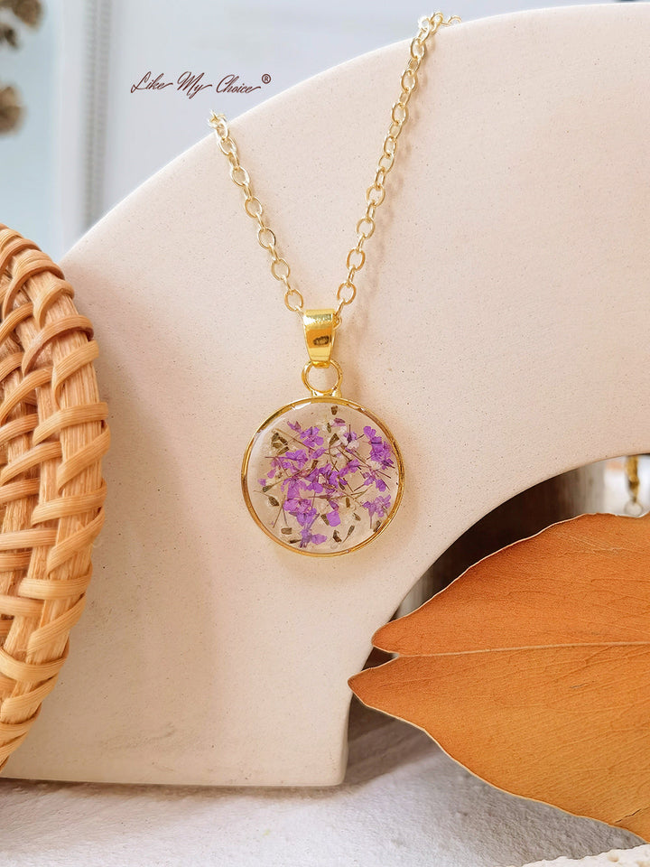 Queen Anne Lace Flower Botanical Pendant Gold Circle Halsband