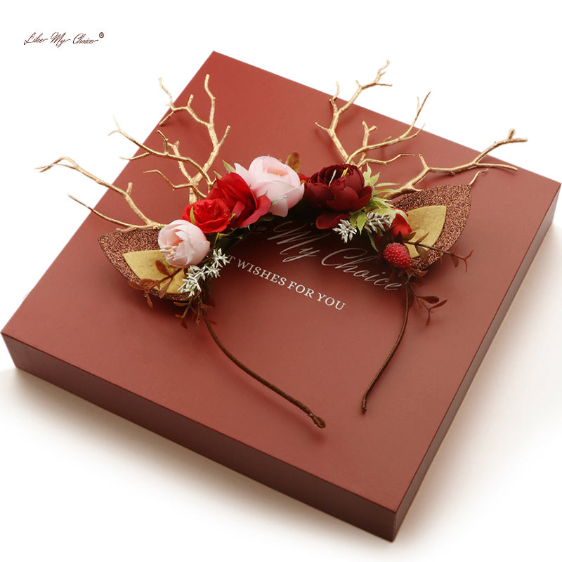 Burgundy Flower Christmas Rendeer Pandebånd | LikeMyChoice®