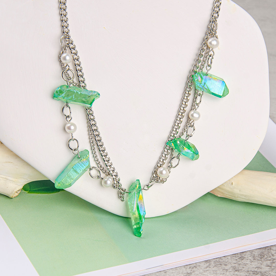 Zelený křemenný křišťálový náhrdelník Boho