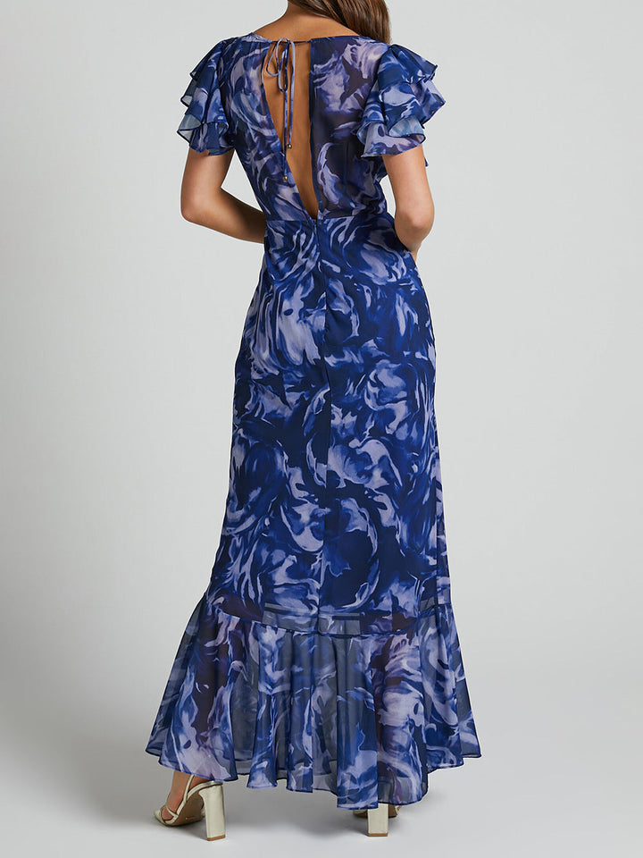 فستان ماكسي بأكمام واسعة ورقبة على شكل حرف V باللون الأزرق الداكن