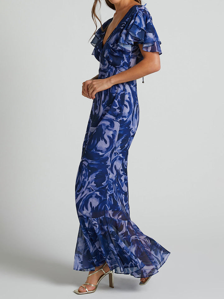 فستان ماكسي بأكمام واسعة ورقبة على شكل حرف V باللون الأزرق الداكن