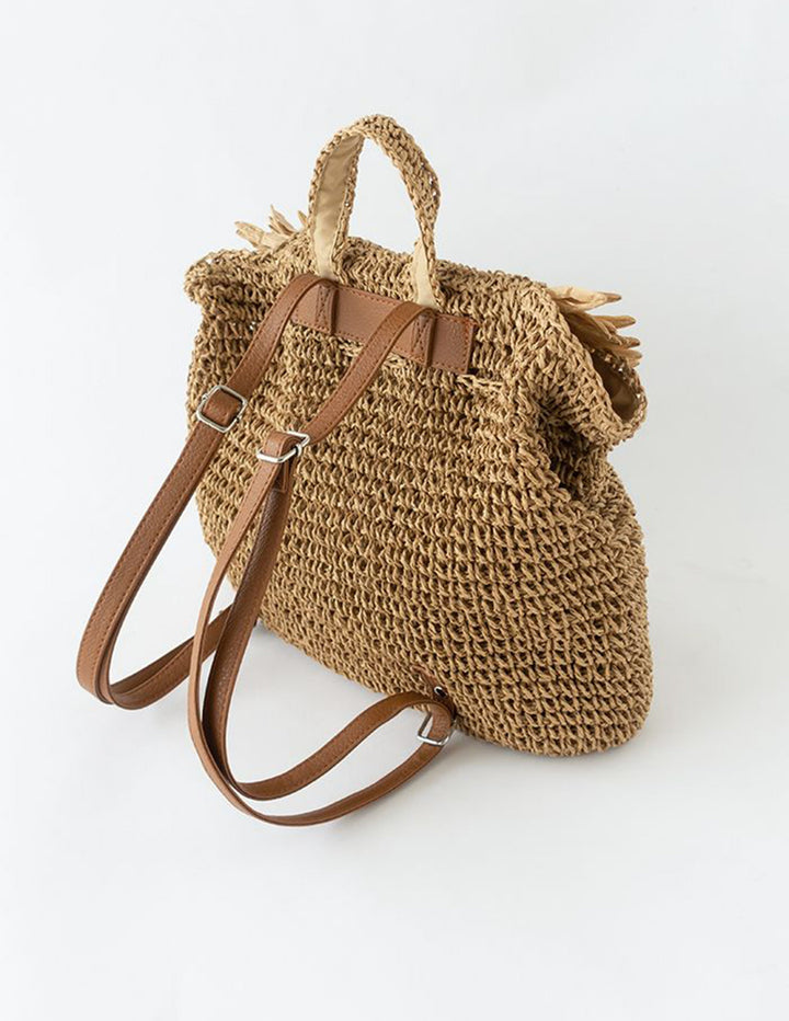 Caramel Fringed Trim Vevd Straw Ryggsekk