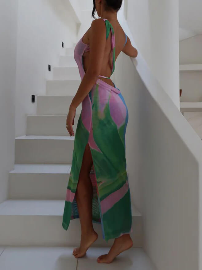 Σέξι εξώπλατο αμάνικο μίντι φόρεμα με σκίσιμο στο πλάι