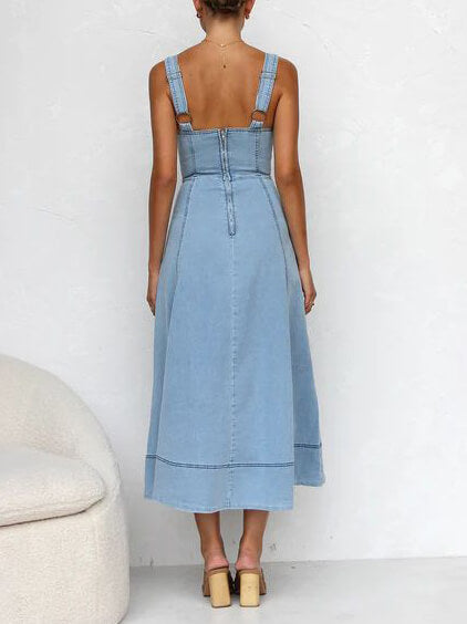 Denim jarretel casual midi-jurk met knopen