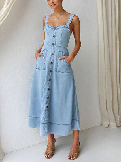 Denim-Hosenträger-Lässiges Midikleid mit Knöpfen