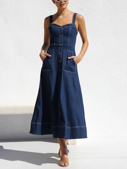 Denim Suspender Casual Button Midi-klänning