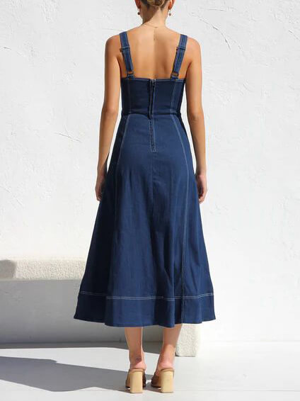 Denim Suspender Casual Button Midi Dress