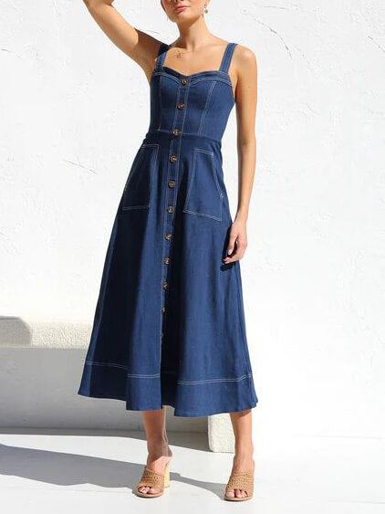 Denim Suspender Casual Button Midi-klänning