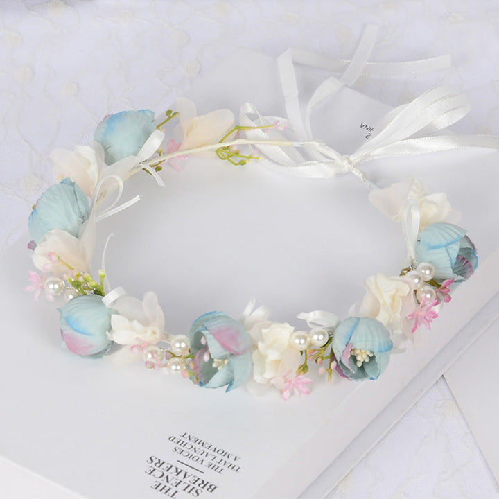 Corona de flores de perlas de hadas azules
