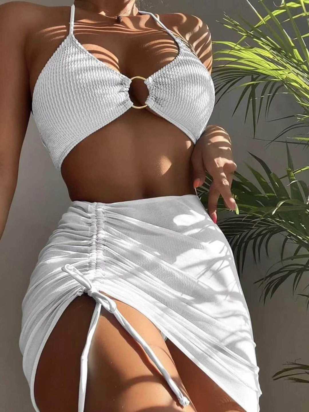 Effen kleur sexy halterneck driedelige badpakbikini