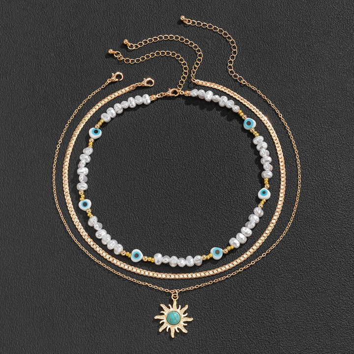 Ethnic Style Special-Shaped Imitation Pearl Bead Necklace Retro Turquoise Sun Eye Necklace