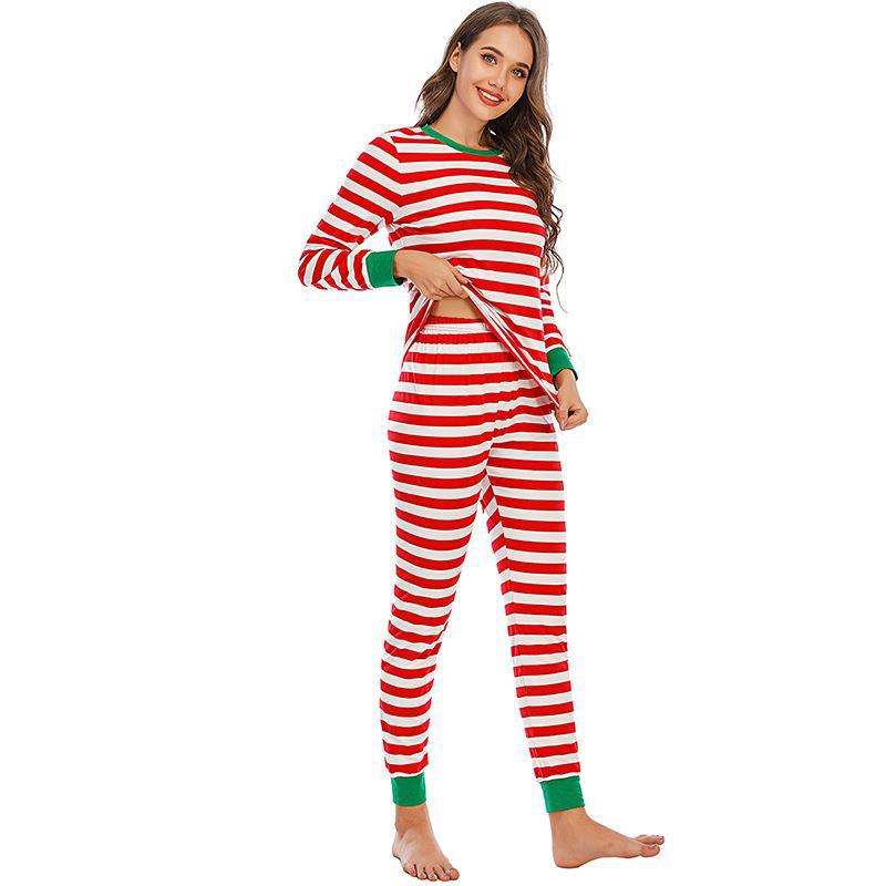 Rot-weiß gestreiftes Pyjama-Set mit grünem Kragen und passendem Familien-Pyjama-Set