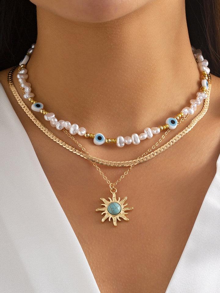 Ethnic Style Special-Shaped Imitation Pearl Bead Necklace Retro Turquoise Sun Eye Necklace