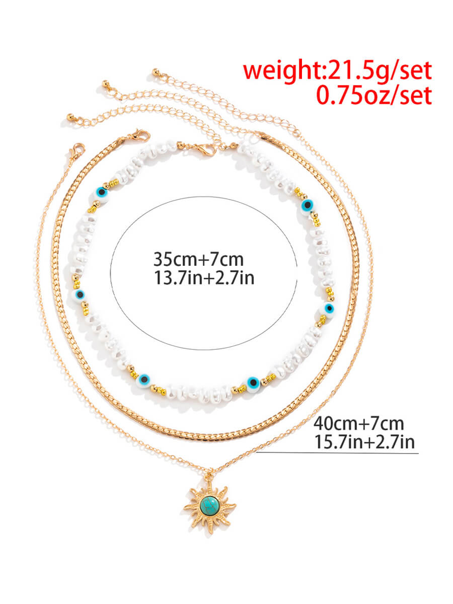 Halskette mit speziell geformten Imitationsperlen im ethnischen Stil, Retro-Türkis-Sonnenaugen-Halskette