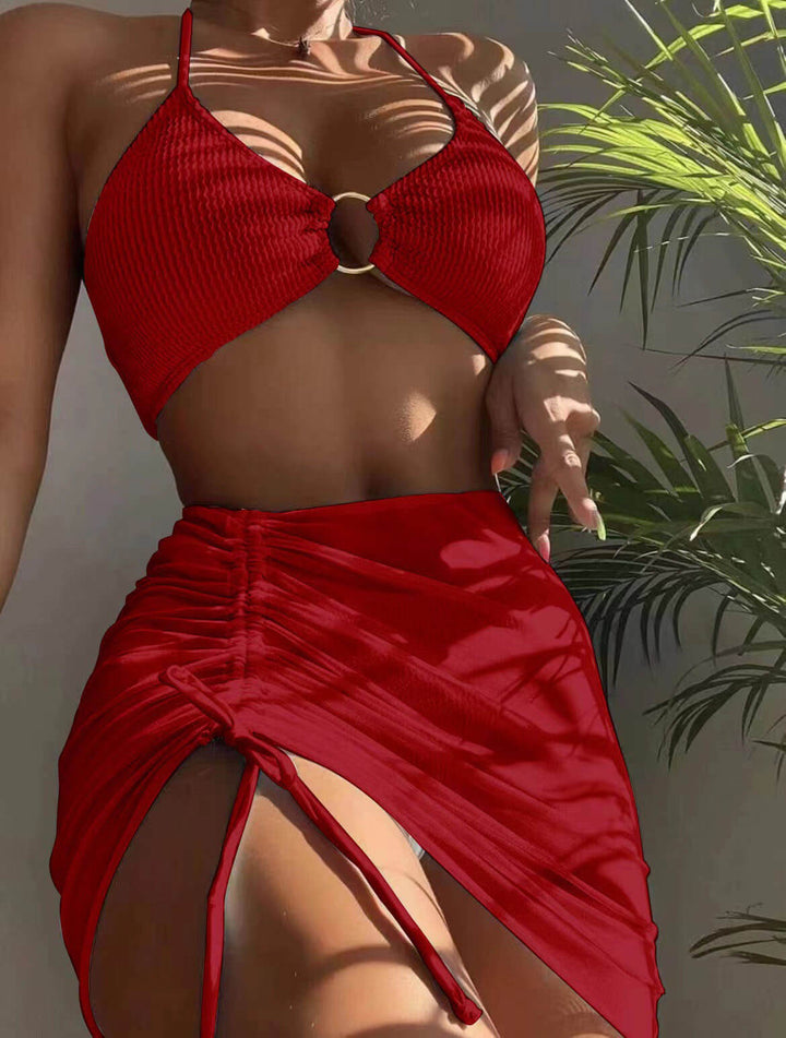 Bikini de traje de baño de tres piezas con cuello halter sexy de color sólido