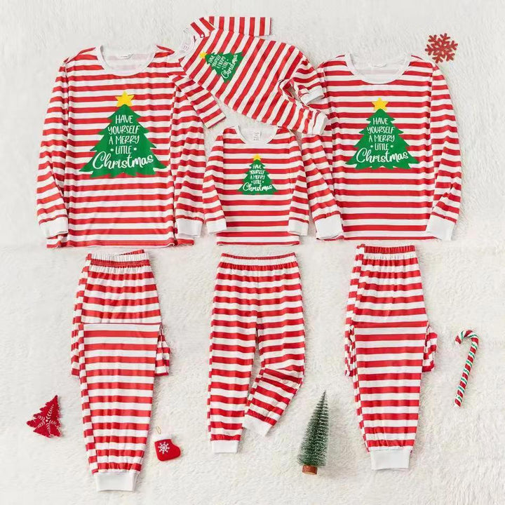Set pigiama coordinato natalizio a righe bianche e rosse con albero di Natale