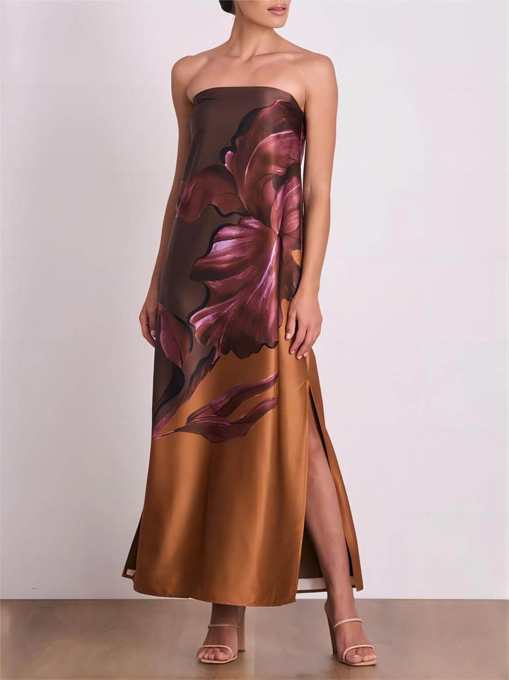 Κομψό μάξι φόρεμα με φλοράλ στάμπα εκτός ώμων με αντίθεση