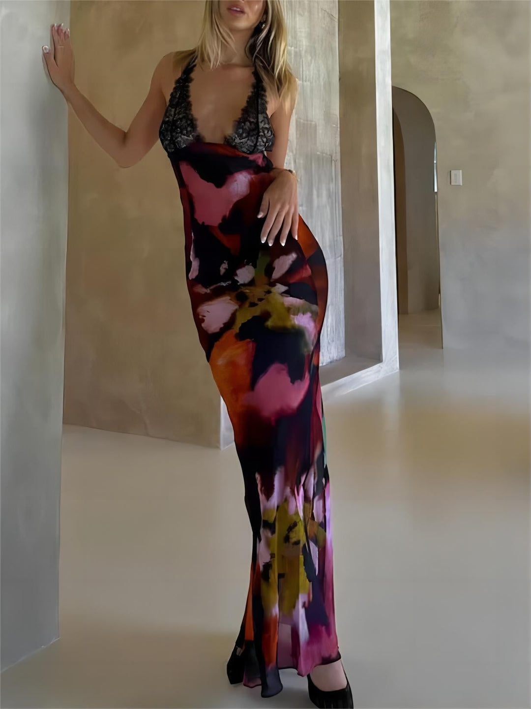 Sexy šaty Deep V krajka Patchwork s potiskem Auspender Maxi