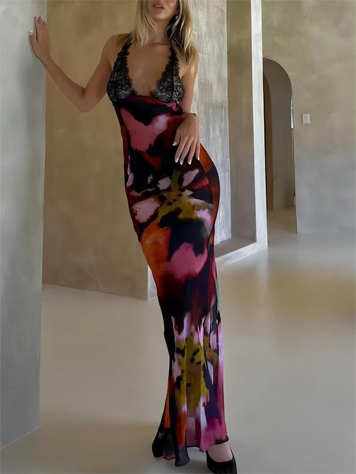 Sexy Deep V Lace Patchwork Printed Auspender Maxi Mekko