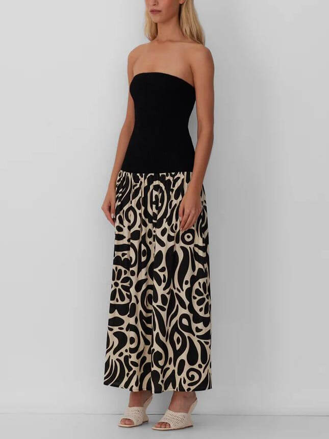 Modieuze strapless midi-jurk met bloemenprint