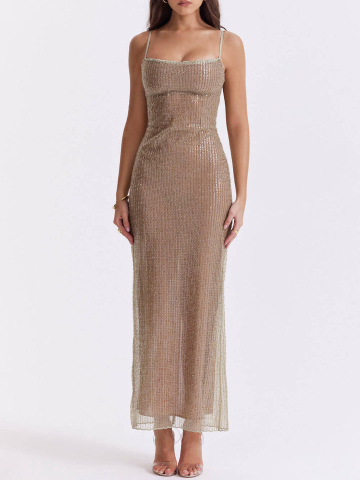 Cafe Au Lait Beaded Maxi Dress