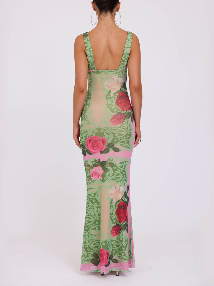 Maxi-jurk met V-hals en contrasterende rozenprint in vakantiestijl