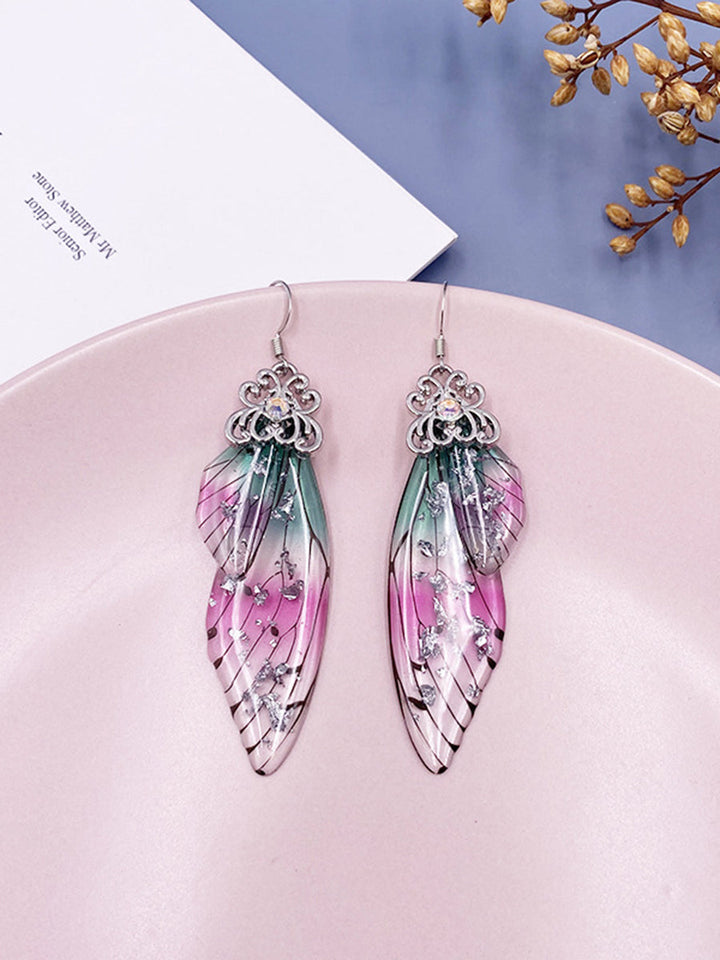 Boucles d'oreilles en cristal d'aile de cigale en strass irisé, aile de papillon