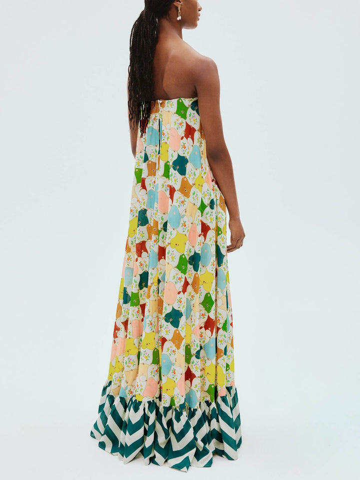 Unieke mouwloze off-the-shoulder maxi-jurk met contrasterende print