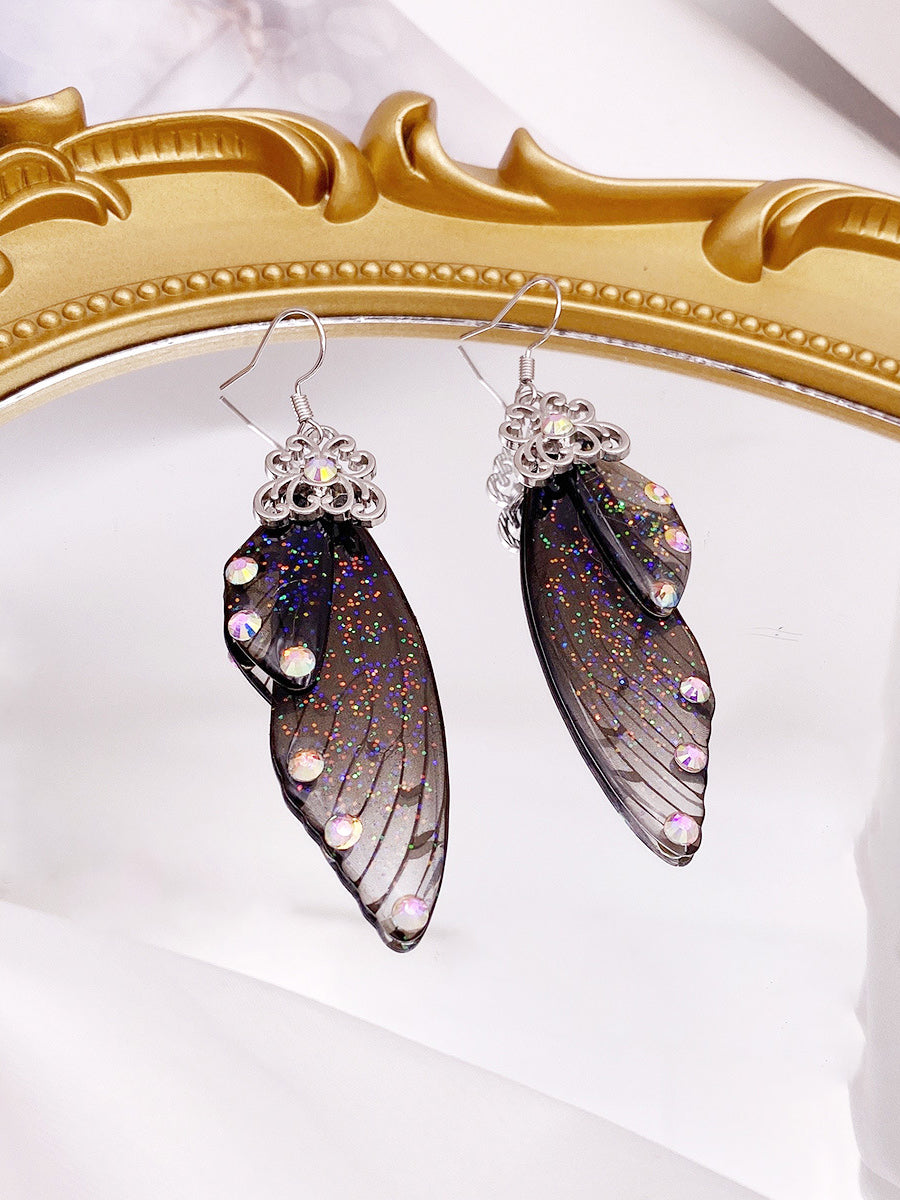 Schmetterlingsflügel, schwarze Strass-Zikadenflügel-Kristall-Ohrringe