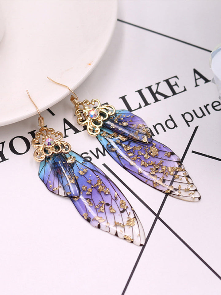 Pendientes de cristal de ala de cigarra con diamantes de imitación azules y alas de mariposa