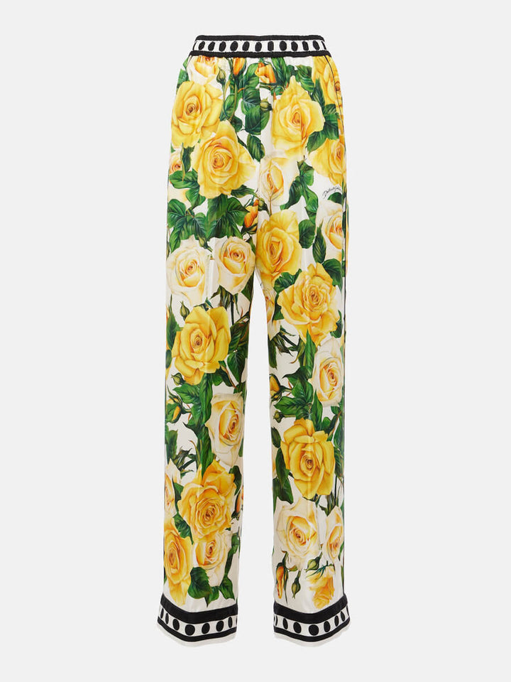 Pantaloni largi, lungi și largi, cu imprimeu de trandafiri rafinați