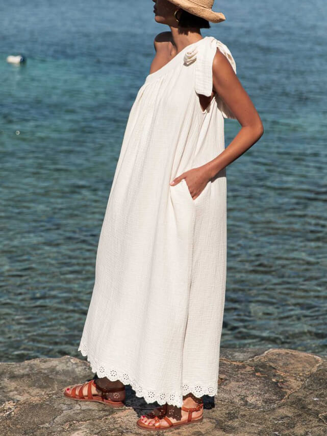 Ασύμμετρο Μίντι Φόρεμα Off-Shoulder Casual Resort