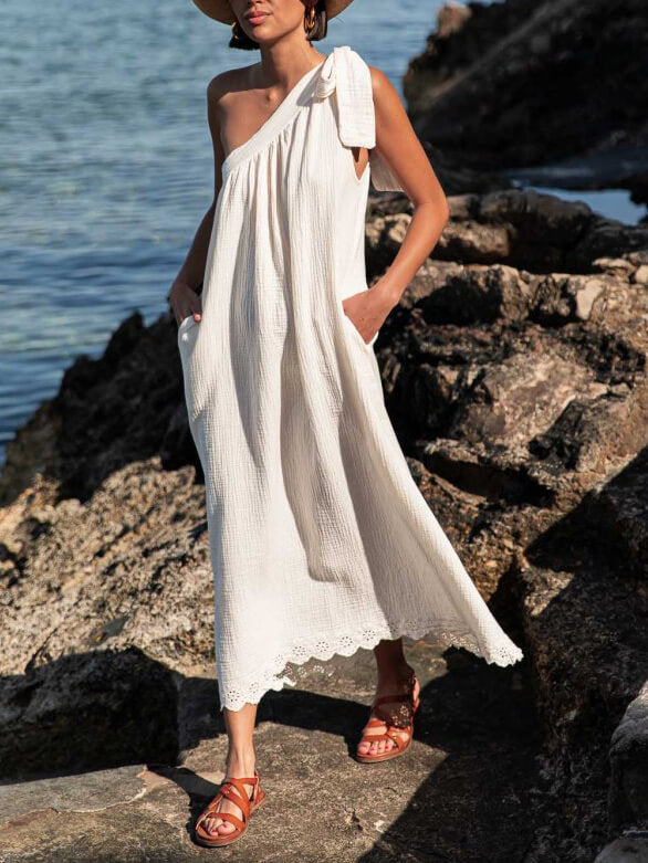 Ασύμμετρο Μίντι Φόρεμα Off-Shoulder Casual Resort