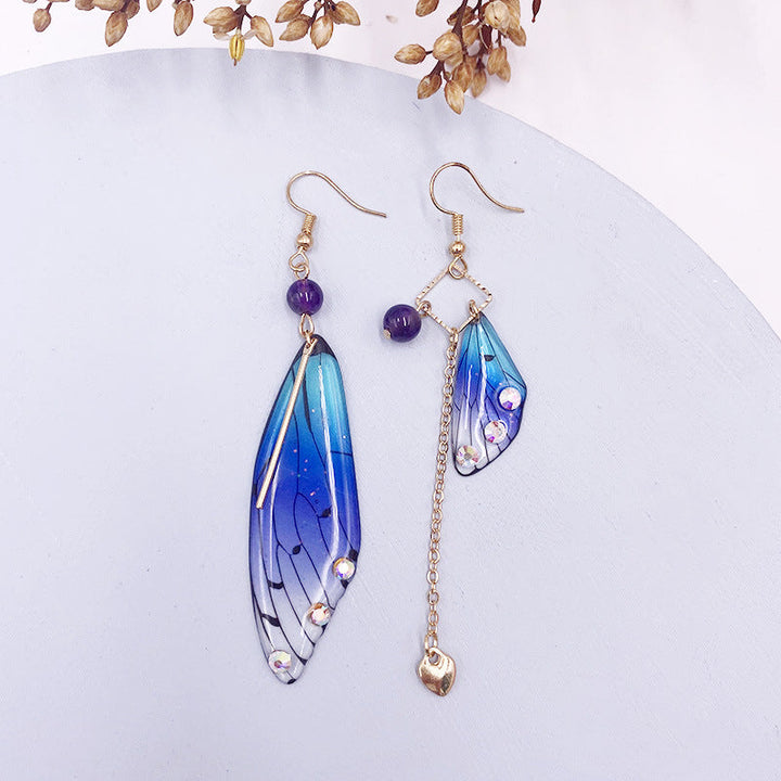 Butterfly Wing Blue Gold Foil Cicada Wing Tassel Earrings