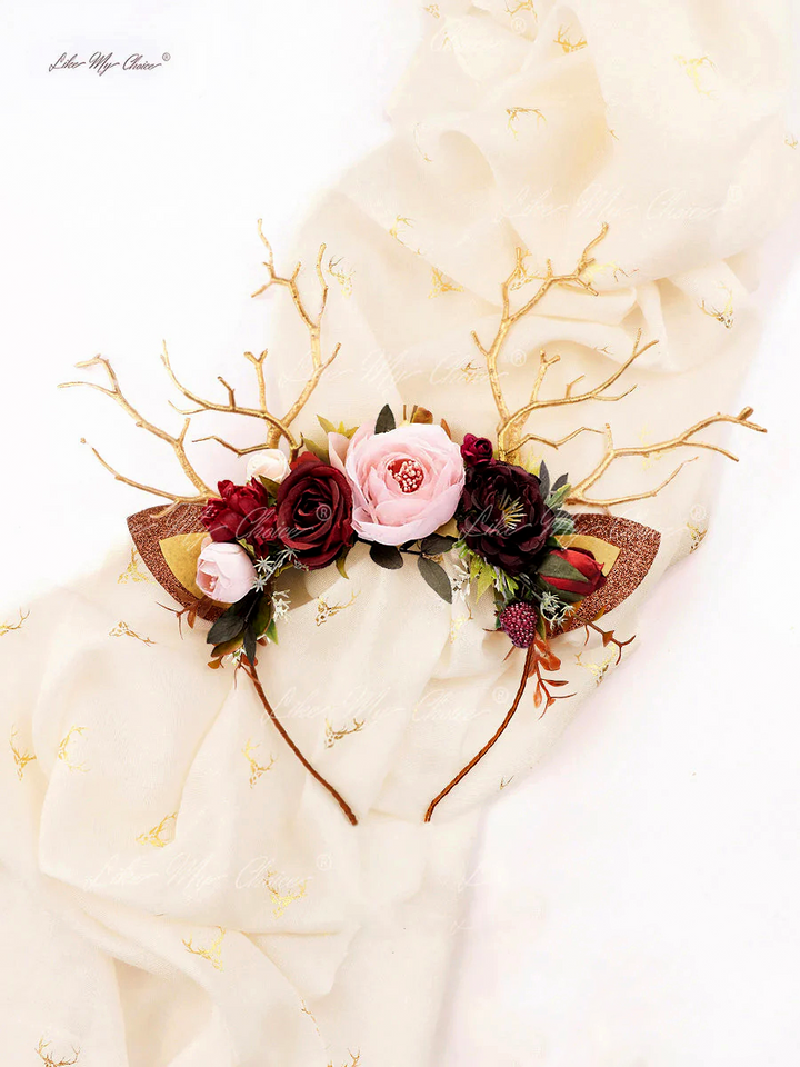 Diadema de reno navideño con flores burdeos | ComoMiElección®