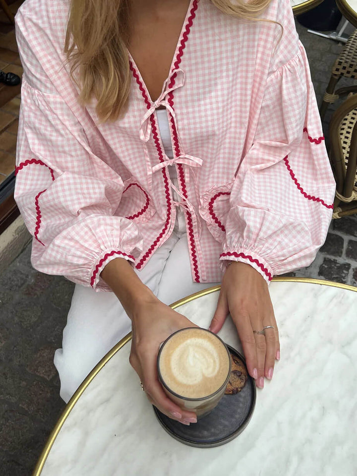 Camisa casual con cordones y cinta de amor a cuadros sueltos