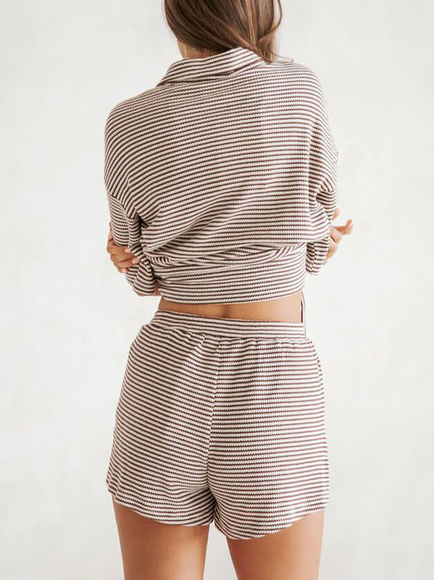 Striped Shirt Top Comfortable Loose Shorts Two-Piece Set