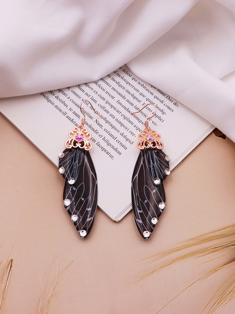 Butterfly Wing Black Rhinestone Cicada Wing Crystal Earrings